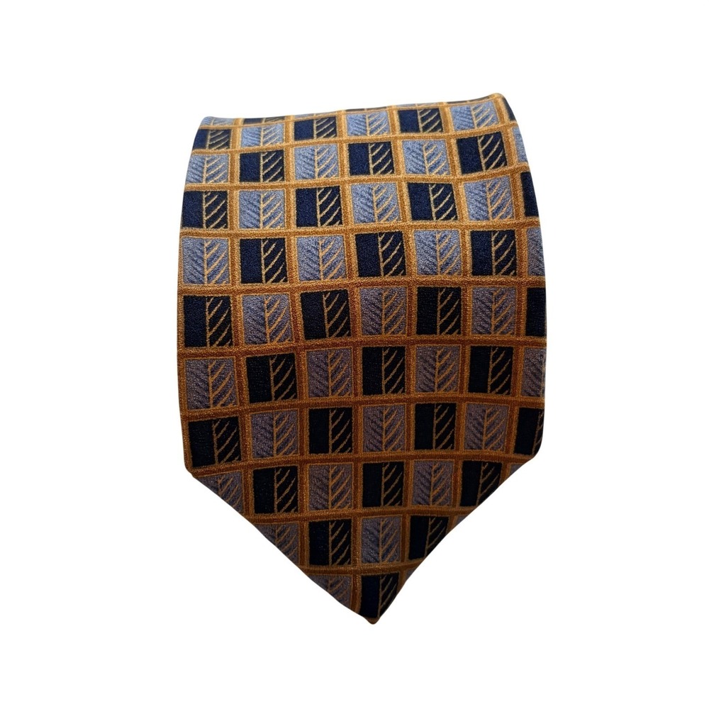 DeSantis Collection Silk Necktie Mens Blue Gold Geometric Leaf Made in Italy 4in